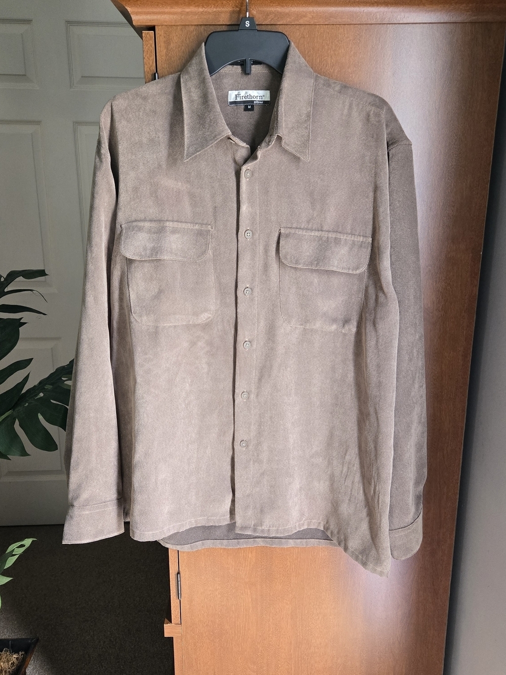 Firethorn Men's Casual Suede-Look Button Down Shirt in Taupe